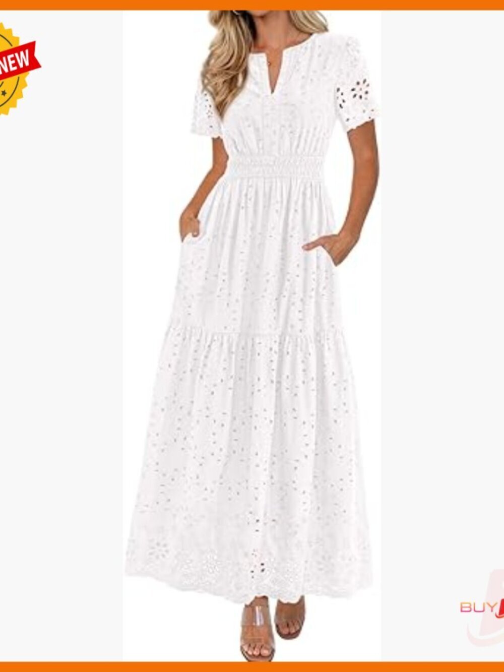 Short Sleeve V Neck Maxi Dress Cotton Hollow Out A Line with Pockets